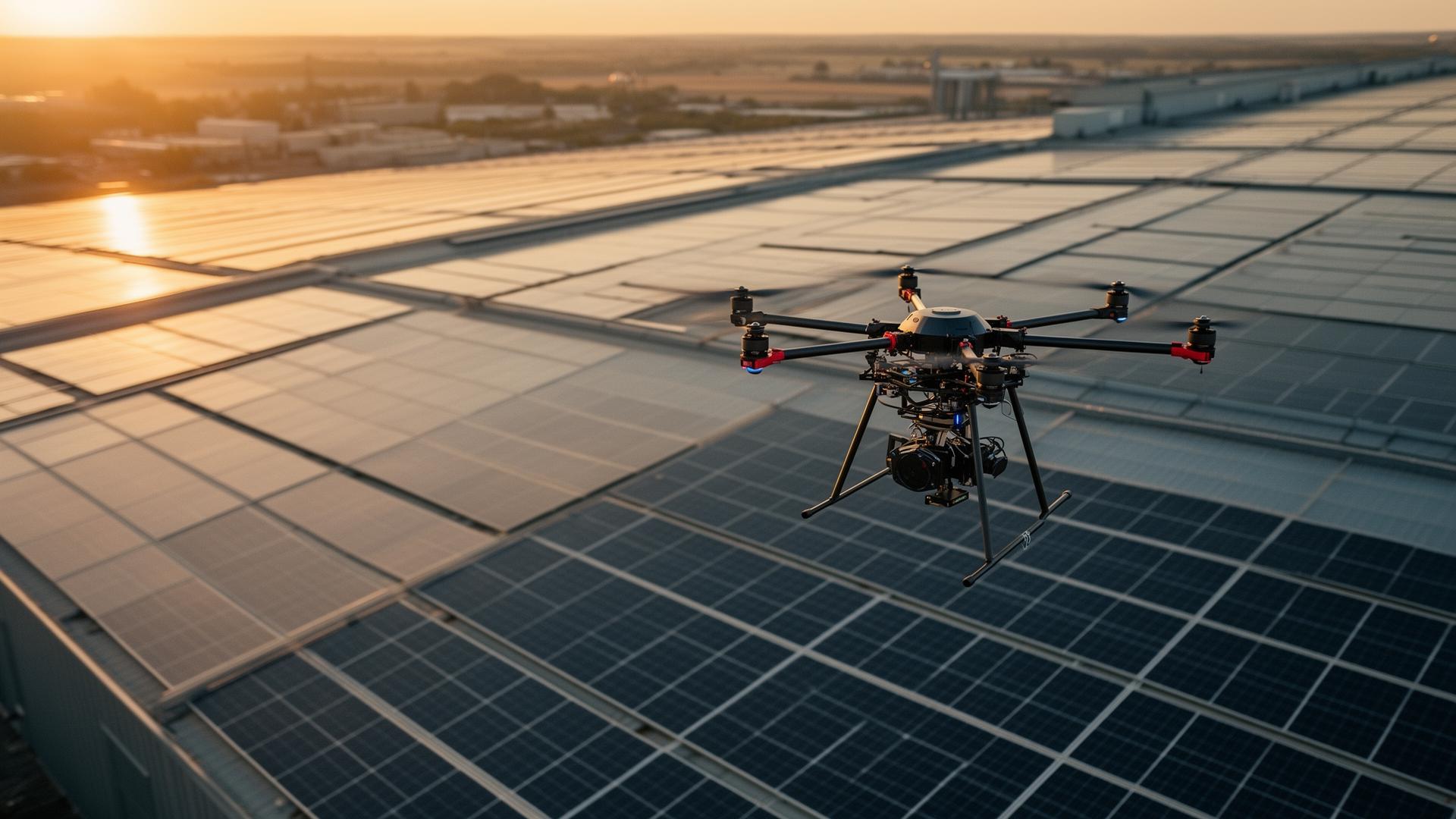 Hexacopter drone cleaning solar panels on an industrial warehouse roof